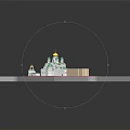 Cartoon Scene Featuring Green And White Buildings With Golden Domes Lawns And Light Cube Structure