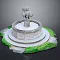 Traditional Stone Lion Fountain With Circular Base Carved Patterns And Green Grass