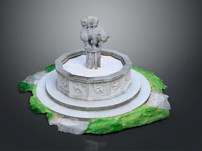 Traditional Stone Lion Fountain With Circular Base Carved Patterns And Green Grass 3d model