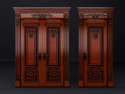 Classic Wooden Double Doors With Intricate Carved Patterns And Dark Brown Finish 3d model