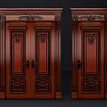 Classic Wooden Double Doors With Intricate Carved Patterns And Dark Brown Finish
