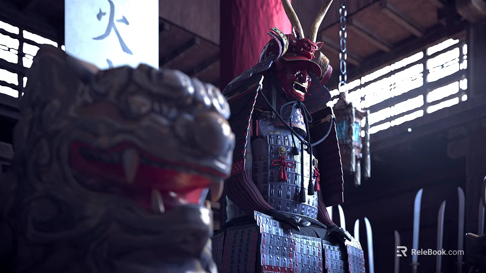Traditional Samurai Clothing With Red Mask Metal Components And Decorative Chains 3d model 