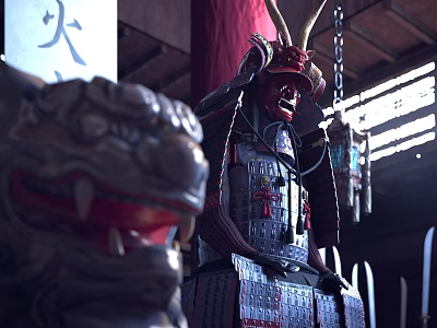 Traditional Samurai Clothing With Red Mask Metal Components And Decorative Chains 3d model