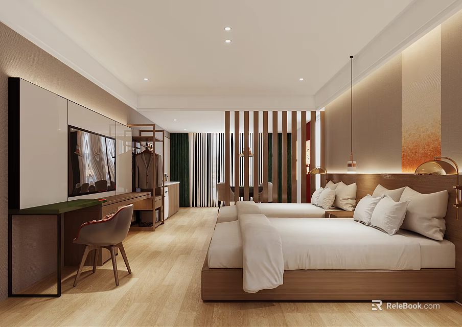 Modern Hotel Guest Room Interior With Double Bed TV Wall Desk Chair And Wooden Flooring 3d model 