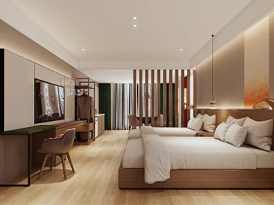 Modern Hotel Guest Room Interior With Double Bed TV Wall Desk Chair And Wooden Flooring 3d model
