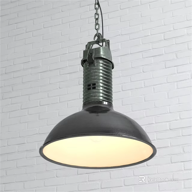 Black Metal Pendant Light with Warm Glow Hanging Against White Brick Wall 3d model 