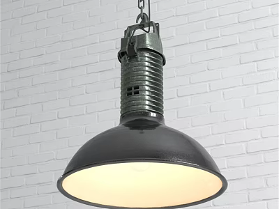 Black Metal Pendant Light with Warm Glow Hanging Against White Brick Wall 3d model