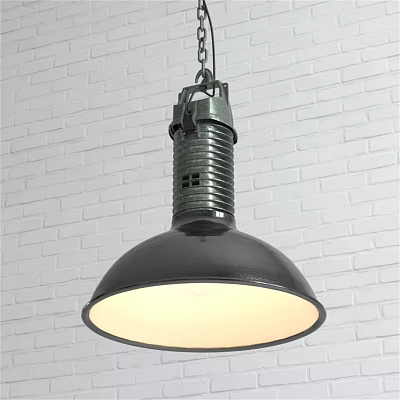 Black Metal Pendant Light with Warm Glow Hanging Against White Brick Wall 3d model