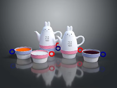 Cute Rabbit Shaped Ceramic Tea Set With White Pink Teapot And Cups For Daily Use 3d model