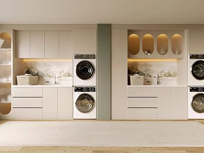 Modern Laundry Room Interior Design With Washing Machines Dryers Cabinets Sink And Storage Baskets 3d model