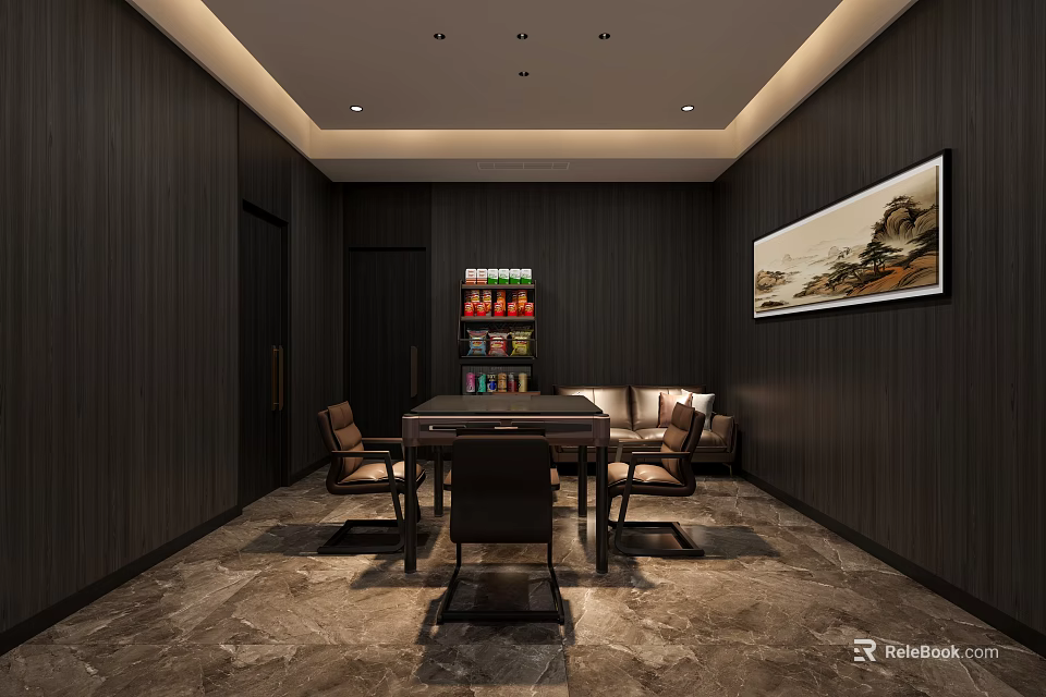 Modern Study Room Interior With Dark Wooden Walls Marble Floor Bookshelf Painting And Table Chairs 3d model 