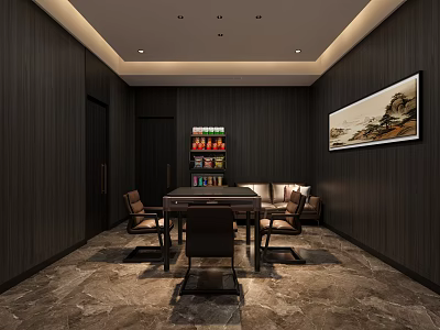 Modern Study Room Interior With Dark Wooden Walls Marble Floor Bookshelf Painting And Table Chairs 3d model