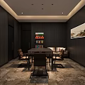 Modern Study Room Interior With Dark Wooden Walls Marble Floor Bookshelf Painting And Table Chairs