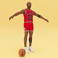 Man in Red Basketball Jersey with Number 23 Standing with Basketball on Yellow Background