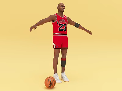 Man in Red Basketball Jersey with Number 23 Standing with Basketball on Yellow Background 3d model