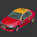 Red and Yellow Taxi Sedan With Checkerboard Pattern Doors And Roof Top Sign