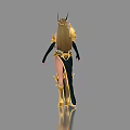 Fantasy Female Game Character In Golden Armor And Black Gown With Horned Headdress