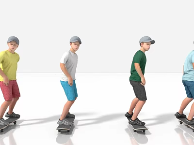 Men Riding Skateboards In Colored T Shirts Shorts And Caps On White Background 3d model