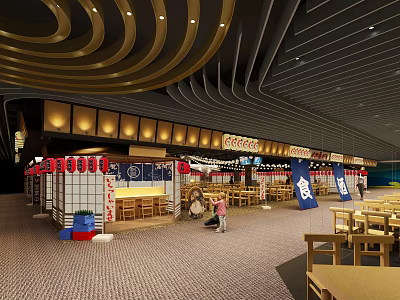Japanese Restaurant Interior With Wooden Tables Lantern Decor And Open Kitchen 3d model
