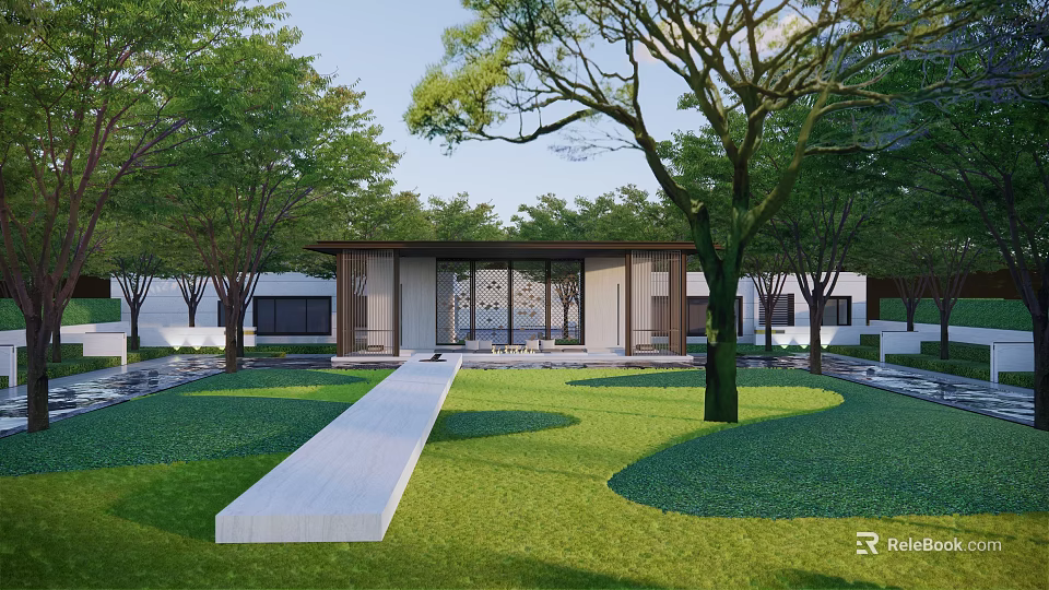 Rockery Stones In Modern Garden With Green Trees Lawn And White Stone Path 3d model 
