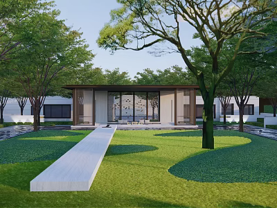 Rockery Stones In Modern Garden With Green Trees Lawn And White Stone Path 3d model