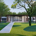 Rockery Stones In Modern Garden With Green Trees Lawn And White Stone Path