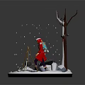 Winter Snowy Scene With Red Coated Figure Snowy Tree Tripod Pot Stones And Falling Snowflakes