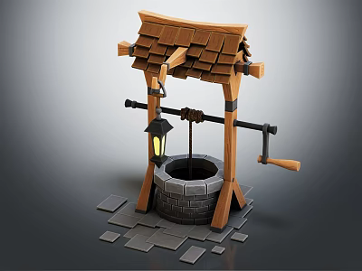 Traditional Garden Ornament Featuring Wooden Roof Stone Well Lantern And Stone Slabs 3d model