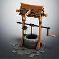Traditional Garden Ornament Featuring Wooden Roof Stone Well Lantern And Stone Slabs
