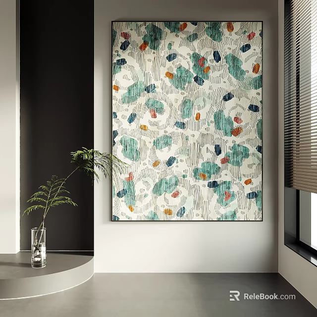 Large Art Painting In Minimalist Interior Space With Potted Plant 3d model 
