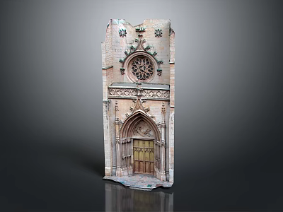 Ancient Gothic Architectural Component With Pointed Arch Rose Window And Carved Wooden Door 3d model