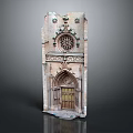 Ancient Gothic Architectural Component With Pointed Arch Rose Window And Carved Wooden Door