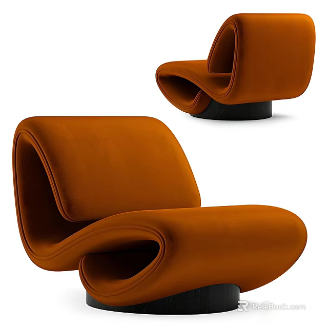 Modern Orange Lounge Chair With Curved Velvet Upholstery And Black Base 3d model 