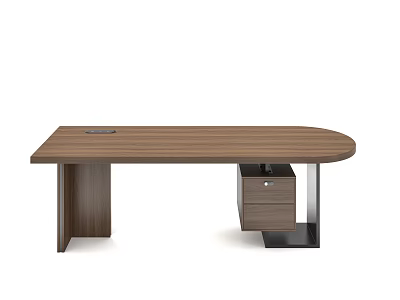 Modern Walnut Wooden Office Desk With Oval Tabletop And Metal Legs Drawer Storage 3d model