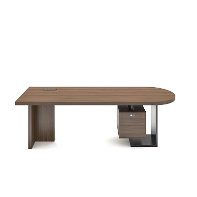 Modern Walnut Wooden Office Desk With Oval Tabletop And Metal Legs Drawer Storage 3d model