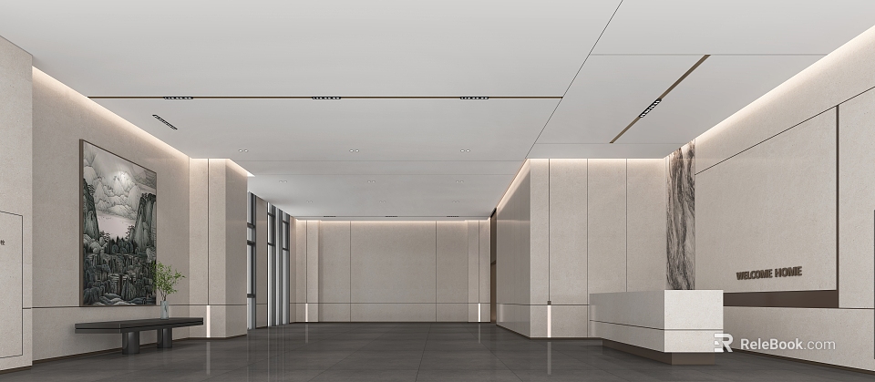 Modern Front Desk Reception Interior Design With Marble Countertop And Ambient Lighting 3d model 