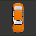Orange Sedan Car Display With Black Wheels And White Seats On Reflective Floor