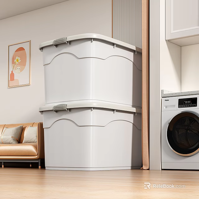 Living Room With Stacked White Storage Boxes Sofa Washing Machine And Painting 3d model 