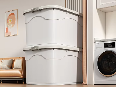 Living Room With Stacked White Storage Boxes Sofa Washing Machine And Painting 3d model