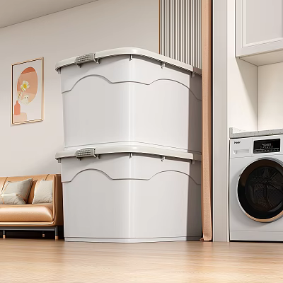 Living Room With Stacked White Storage Boxes Sofa Washing Machine And Painting 3d model