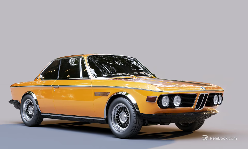 Yellow BMW Retro Two Door Classic Coupe With Round Headlights And Black Wheels 3d model 
