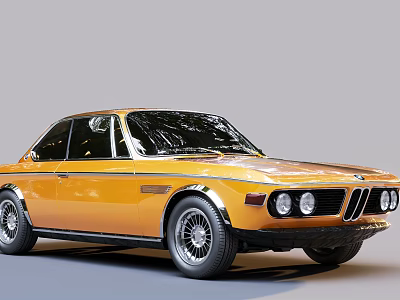Yellow BMW Retro Two Door Classic Coupe With Round Headlights And Black Wheels 3d model