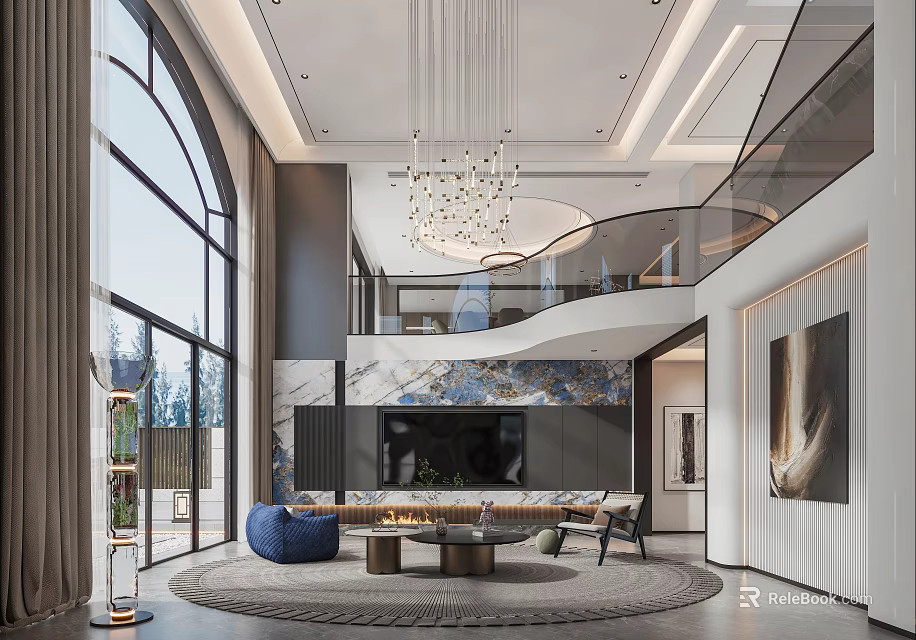 Modern Living Room Interior With Large Windows Crystal Chandelier TV Wall Sofa And Round Rug 3d model 