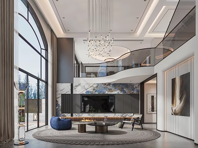 Modern Living Room Interior With Large Windows Crystal Chandelier TV Wall Sofa And Round Rug 3d model