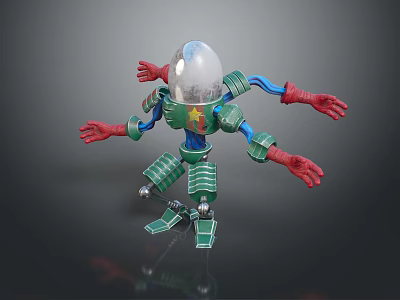 Mechanical Game Movie Character With Transparent Dome Head Green Body Red Arms And Metal Joints 3d model