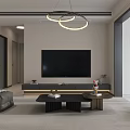 Modern Living and Dining Room Interior With Beige Sofa Coffee Table And Pendant Lights