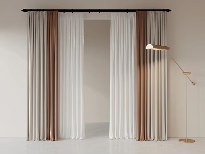 Brown Beige White Layered Curtains Hanging With Sheer Panels And Floor Lamp 3d model