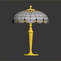 Elegant Vintage Table Lamp With Stained Glass Shade Gold Base And Yellow White Geometric Patterns