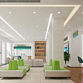 Modern Bank Interior With Service Counter Digital Screens Lounge Area And Green Plants