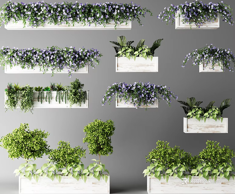 Decorative Bonsai Potted Plants With Purple Flowers Green Foliage In White Wooden Boxes 3d model 